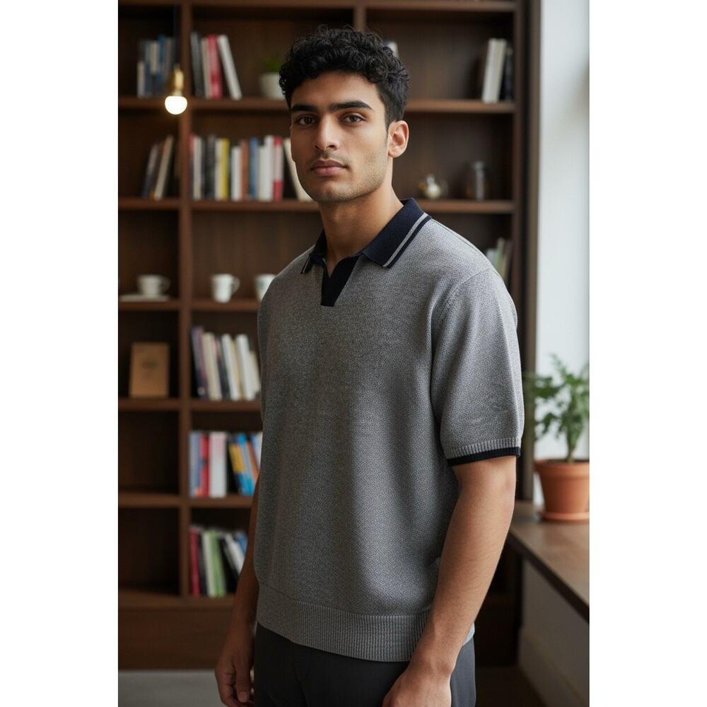 Banana Republic Men Johnny Collar Knit Polo Shirt Organic Cotton Grey Size L